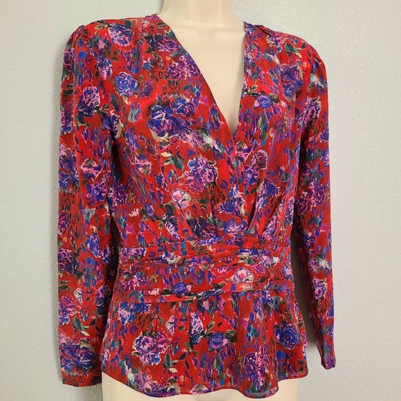 Iro Paris Hurl Blouse Red Floral V Neckline Long Sleeve sz EUR 34 US 0-2 XS - Picture 3 of 9